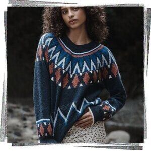 SUNDRY Fairisle Crew Neck Sweater in Deep Navy